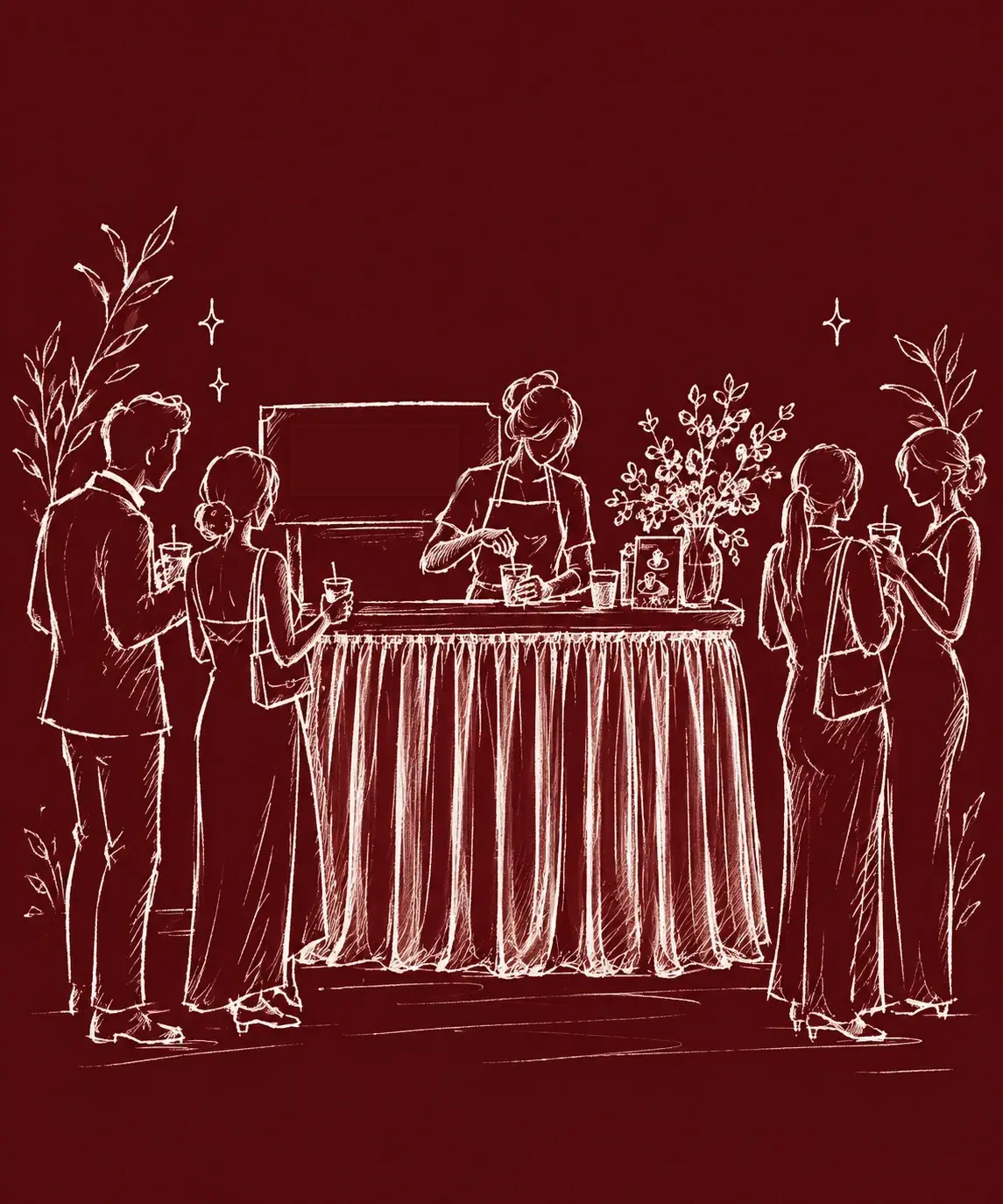 Line illustration of guests in evening wear gathered around a drinks cart, a host pouring drinks beside flowers and a menu card.
