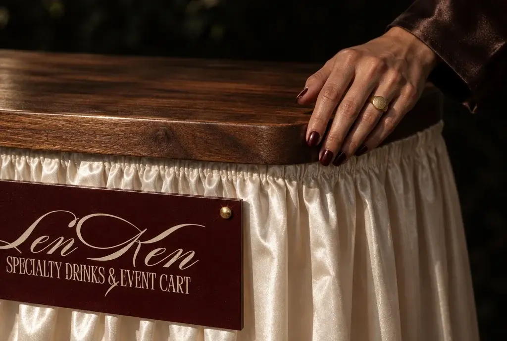 A hand resting on the cart's walnut top above the burgundy Lenken sign and gathered ivory satin.